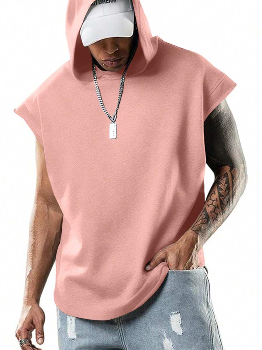 Men's Summer Solid Color Hooded Loose Casual Wide Strap Top - Dusty Pink - View 1