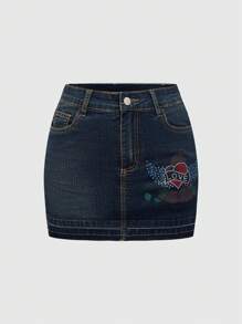 ROMWE J-Fashion تنورة جينز قصيرة مزينة بالزهور المُنصقة وإكسسوارات الراين للنساء، طراز Y2K الرجعي المتهالك - أزرق داكن - مشاهدة 1