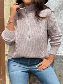SHEIN LUNE Plus Size Women's Solid Color Simple Daily Wear Pullover Sweater With Long Sleeves Knit Pullover Fall Winter - Apricot - View 6