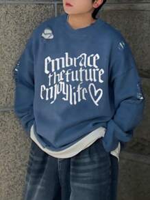 DAZY Pull à manches longues à la mode pour homme avec impression de lettres et détails vieillis pour l'automne - bleu indigo - Voir 4