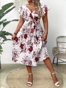 SHEIN Clasi Gaun Kasual Musim Panas Ukuran Besar dengan Motif Bunga, Hem Bergelombang, dan Hiasan Rumbai - Red and White - View 5