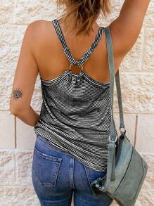 EMERY ROSE 女性夏季條紋無袖背心上衣，細肩帶設計 - 黑與白 - 查看 2