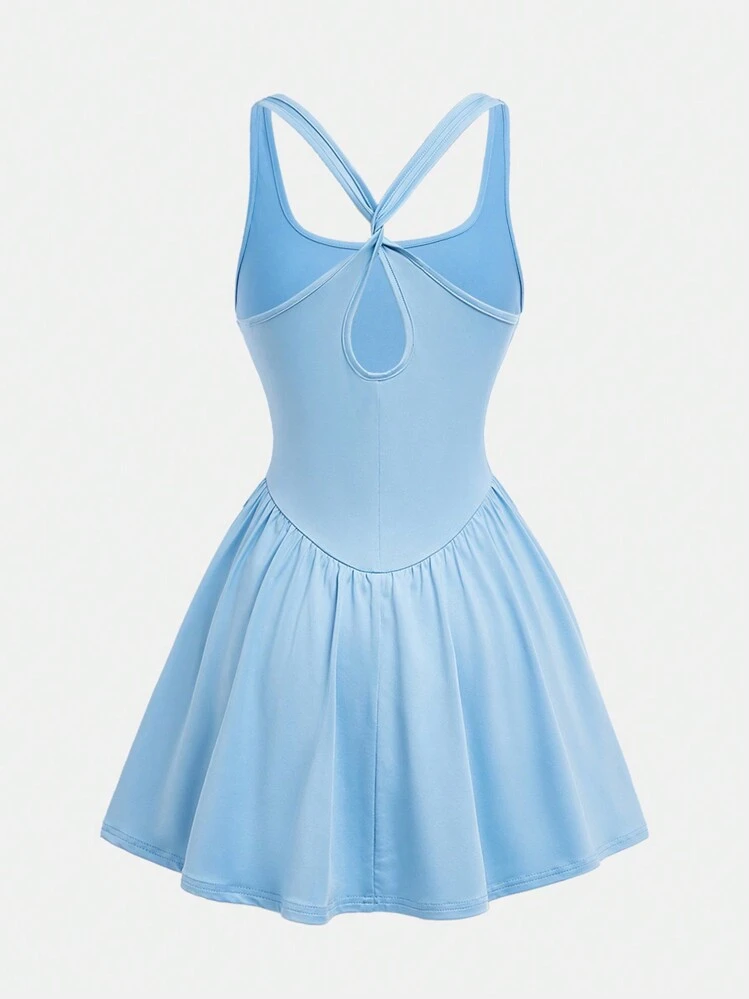 Girlism Ragazze adolescenti Vestito blu chiaro senza maniche ad alta elasticità intrecciato sul retro con nodo a torsione e schiena aperta , mutandine , abbigliamento per yoga e fitness per allenamento - celeste - Visualizzare 2