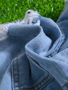 SHEIN 带口袋和仿珍珠图案的少女磨边牛仔短裤，夏季，蓝色 - 淺色水洗藍 - 查看 6