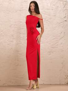 SHEIN BAE 夏季沙灘假期浪漫約會杏色不對稱直領純色褶皺性感高開叉3D花裝飾長裙女士款