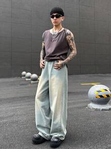 Manfinity EMRG Y2K Retro Street-Style Men's Light Blue Vintage Wash Distressed Wide-Leg Baggy Jeans, For Husband, Boyfriend Gifts Going Out Hang Out Commute Vacation Street