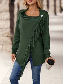 EMERY ROSE Solid Color Draped Neck Fringe Decorated Long Sleeve Sweater - Army Green - View 3