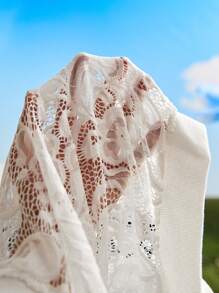 SHEIN Young Girl Single Breathable Lace Ribbed Zipper Jacket Coat,  Elegant - White - View 6