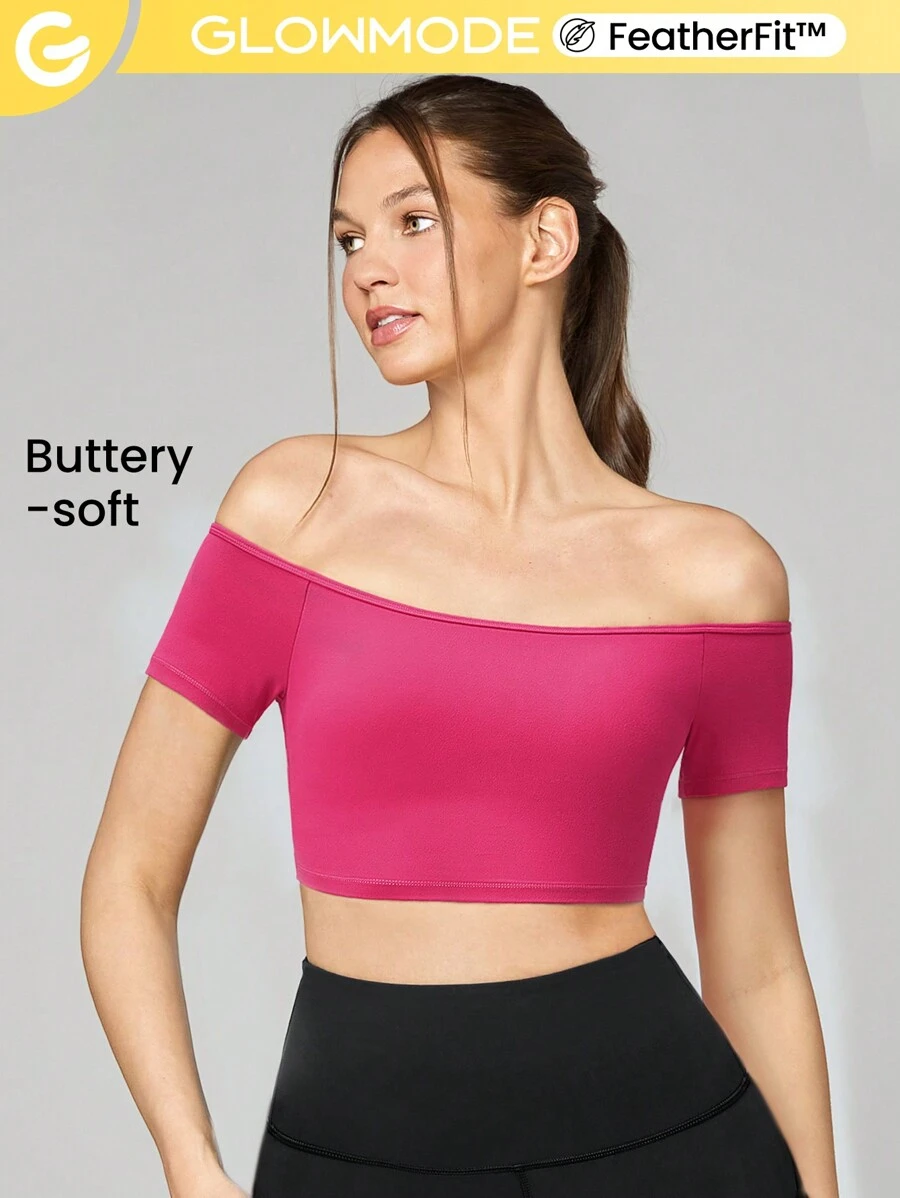 GLOWMODE FeatherFit™離肩短款T恤，輕度支撐瑜伽工作室健身日常運動 - 熱帶粉紅色 - 查看 1