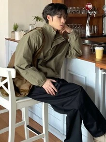 DAZY 男士休閒純色立領外套，秋季 - 卡其色 - 查看 3