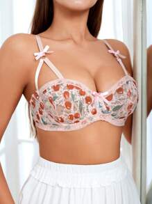 SHEIN 女士甜美性感樱桃印花蕾丝文胸，带蝴蝶结和独特肩带，内衣 - 粉色 - 查看 4