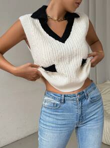 Chiquease 女款V領無袖紋理針織背心，配色方塊設計和口袋，適合日常休閒穿著，舒適寬鬆