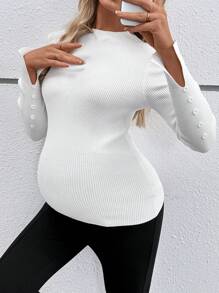 SHEIN 孕妇圆领开衩下摆修身长袖毛衣，适合冬季 - 白色 - 查看 1