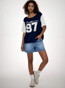 Forever 21 Women's Spring/Summer Loose Fit Casual T-Shirt With Letter Print, Color Block, Round Neckline And Drop Shoulder Sleeves - Blue - View 5