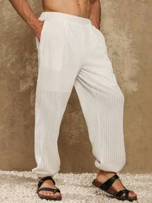 Genlund Quần dài vải lanh sọc dọc thoải mái mùa hè cho nam, quần dài rộng rãi, thoáng khí, màu trắng, quần dài ống rộng, quần trắng - trắng - Xem 5