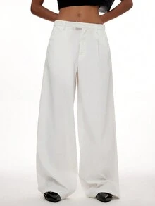 Forever 21 Fall & Winter Women's  White Wide Leg/Back To School/ Basic/ Oversized/Going Out/ Office/Straight Leg Style Pants - White - View 4