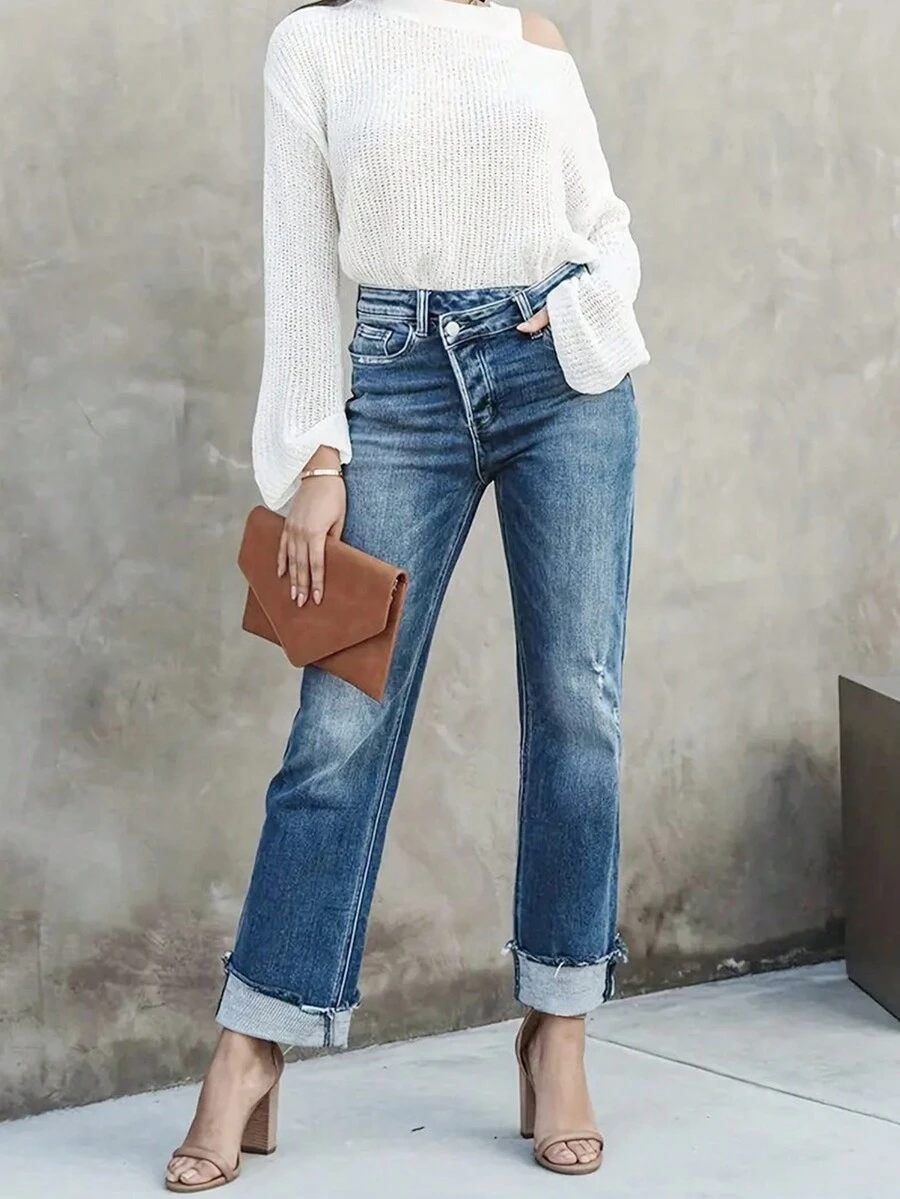 High Waist Raw Cut Straight Leg Jeans - Blue - View 1