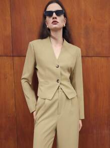 BizChic Americana elegante con botones, cuello en V y manga larga para mujer, estilo de negocios para la conmutación y moda carismática - Albaricoque - Ver 5