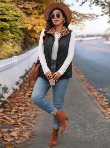 SHEIN VCAY Plus Size Leopard Print Warm Fleece Padded Vest Jacket For Holiday - Multicolor - View 5