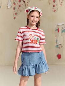 Strawberry Shortcake X SHEIN Tween Girl 1pc Áo thun dệt kim ngắn tay in hình hoạt hình sọc dễ thương và ngọt ngào, mùa hè - Đỏ và trắng - Xem 5