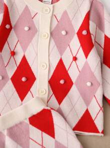 This Unique Design Baby Girls' Outfit For Autumn And Winter Features A Hand-Crocheted Diamond-Shaped Floral Pattern, Which Presents A Playful And Lovely Style. The Set Includes Shorts And A Long-Sleeved Top, Suitable For Outerwear In Autumn And Winter, Both Warm And Stylish. The Simple Style Shows A Sweet Atmosphere, Soft Material And Loose Design, Making The Baby More Comfortable To Wear. The Sweater Has Good Warmth Retention And Can Keep The Baby Warm In Cold Weather. The Overall Outfit Not Only Has The Characteristics Of Cute And But Also Shows The Combination Of Comfort And Fashion. It Is An Ideal Choice For Babies' Daily Wear, Allowing Them To Maintain A Fashionable And Innocent Image While Being Comfortable. - Red - View 3