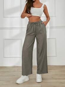 EURMUSE Women's Solid Color Casual Drawstring High Waist Straight Pants - Khaki - View 4