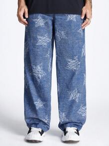 Manfinity VCAY 男款寬腿數字印花星紋織長褲 - 藍色 - 查看 1