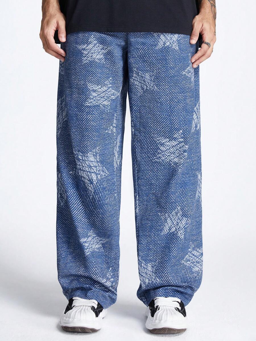 Manfinity VCAY 男款寬腿數字印花星紋織長褲 - 藍色 - 查看 1