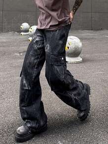 Manfinity Roghcode Y2K復古街頭風格男款黑牛仔工裝寬鬆牛仔褲 - 黑色 - 查看 1