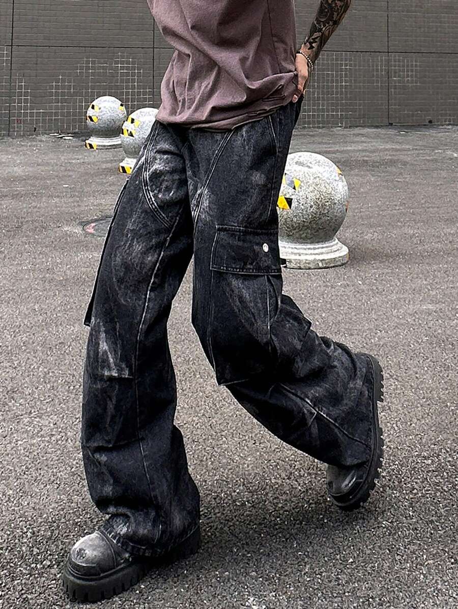 Manfinity Roghcode Y2K復古街頭風格男款黑牛仔工裝寬鬆牛仔褲 - 黑色 - 查看 1