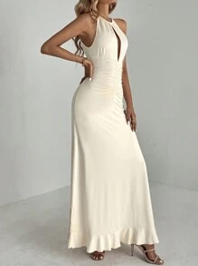SHEIN Tall Women's Valentine's Day Bodycon Dress With Waist Ruched Detail, Ruffle Hem And Long Length, Perfect For Date Night