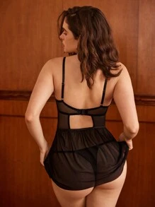 Charlaine Váy ren chắp vá màu trơn cho nữ Rỗng ra Cami Váy Pyjama gợi cảm - màu đen - Xem 2