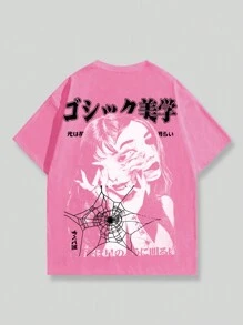 ROMWE MEN Grunge Punk 男士动漫图案印花短袖 T 恤，适合春夏季日常穿着 - 粉色 - 查看 1