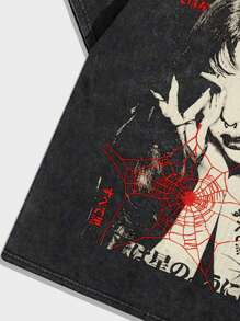 ROMWE MEN Anime 男士炒菜图案短袖T恤，适合春夏季日常穿着、学校穿着、2000年代风格 - 黑色 - 查看 4