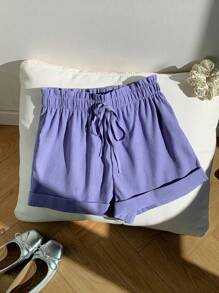 Comfortcana 女士纯色阔腿短裤，饰有荷叶边和腰部系带 - 淡紫色 - 查看 3