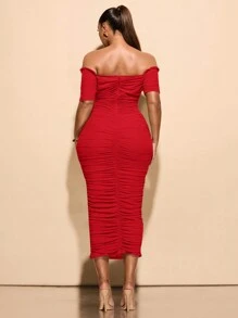 SHEIN BAE 大码女式夏季弹力网纱单肩褶皱中长连衣裙，女士生日礼服，优雅派对连衣裙