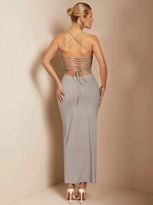 SHEIN BAE Vestido sin espalda de unicolor con detalles intrincados de tiras para mujeres