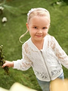 SHEIN Young Girl Single Breathable Lace Ribbed Zipper Jacket Coat,  Elegant - White - View 5