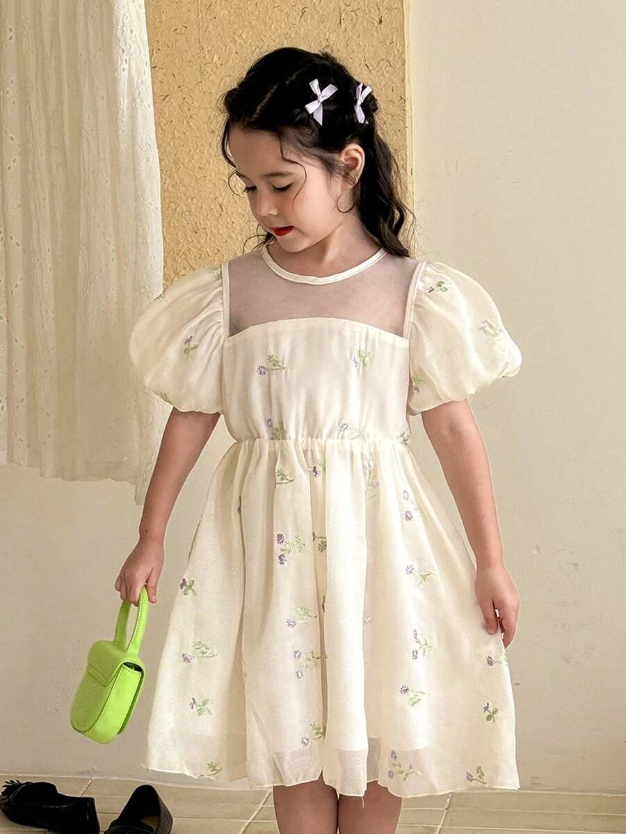 SHEIN Toddler Girls' Elegant  Gorgeous Ladylike Princess Organza 3D Embroidered Floral Puff Sleeves Dress, Perfect For Summer, Weddings, Parties, Picnics And Vacations - Apricot - View 1