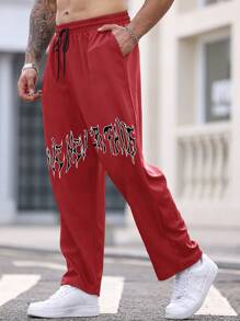 Manfinity Roughcore Pantalones casuales para hombres de talla grande con cintura ajustable, impresión de letras y bolsillos - Rojo - Ver 4