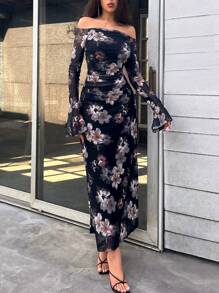 Firerie 女士浪漫性感花朵露肩长裙、露肩连衣裙、长款夏装、夏装、长款女装、优雅连衣裙、约会晚礼服、夏威夷连衣裙、长款沙滩裙、女士连衣裙、适合日常、通勤、度假、约会 - 彩色 - 查看 6