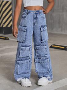 SHEIN Tween 女孩 Y2K 时尚石洗多口袋破洞工装牛仔裤宽松阔腿裤，Tween 女孩秋装返校装 - 中等水洗藍 - 查看 5