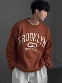 DAZY Men's Casual Letter Printed Round Neck Long Sleeve Orange Sweater, Autumn - Orange - View 3