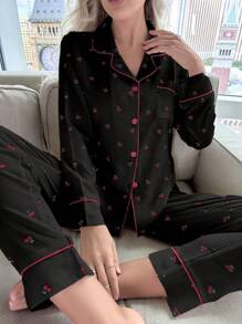 CottageSlumber Women's Cherry Printed Long Sleeve Top & Pants Pajama Set With Contrast Collar Top & Long Pants, Fall Winter Clothes - Black - View 5