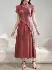 Modelyn 女士纯色立领短袖后拉链长裙前系带长晚礼服 - 中紫紅色 - 查看 5