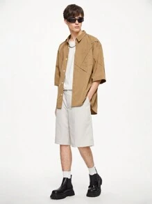 Chillumni Nam Màu Trơn Vừa Vặn Vừa Vặn Quần Short Xếp Ly Thường Ngày Quần Baggy Đi Học Quần Kaki - Xám - Xem 3