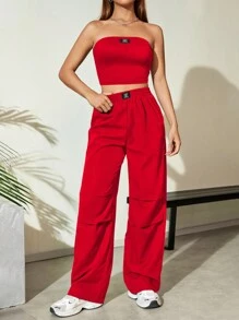 Flirla 夏季休闲贴布露肩短款上衣和长裤两件套新年衣服 - 紅色 - 查看 4