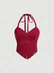 SHEIN MOD 女式复古棕色绒面革露背流苏上衣 - 紅色 - 查看 1