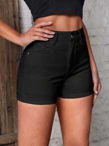 SHEIN Essnce Quần short denim thường ngày dành cho nữ có thiết kế viền cuộn và có túi - màu đen - Xem 4