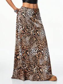 SHEIN EZwear Women's Vintage Back To School Leopard Print Low Waist Long Skirt, Street Style And Versatile - Brown - View 4